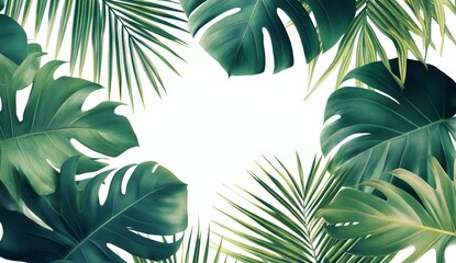Lush tropical leaves frame white background.