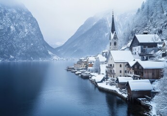Serene Winter Landscape with Snow-Covered Village near Calm Blue Lake Surrounded by Majestic Mountains and Soft Fog Under a Tranquil Sky