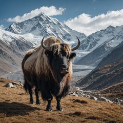 A wild yak standing proudly in a Himalayan landscape, white background.