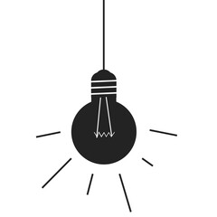 Light bulb hanging icon simple silhouette graphic illustrated, lightbulb on wire rope solid black white shape isolated cut out modern design, lamp sign symbol image clip art drawn pictogram

