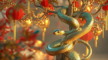 A majestic snake entwines around a decorated Chinese New Year tree, its shimmering golden and green scales adding to the festive atmosphere, with red lanterns and golden ornaments symbolizing prosperi