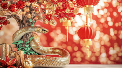 A majestic snake entwines around a decorated Chinese New Year tree, its shimmering golden and green scales adding to the festive atmosphere, with red lanterns and golden ornaments symbolizing prosperi