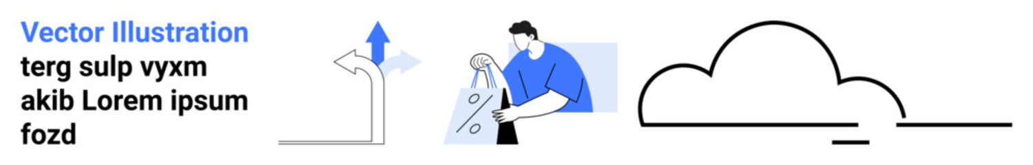 Abstract vector design featuring a mechanic repairing a gear, a cloud icon, a text block, and various shapes. Ideal for technology, cloud computing, mechanical services, technical support, digital