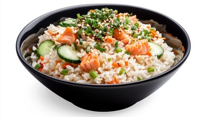 Salmon rice bowl with cucumber and sesame seeds. (1)