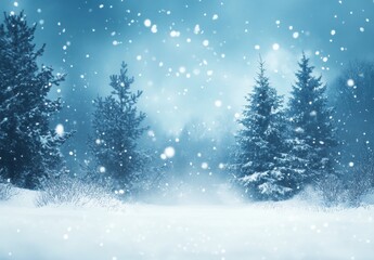 Serene Winter Landscape with Snowfall and Evergreen Trees Amidst a Misty Background in a Tranquil Natural Setting Ideal for Seasonal Themes
