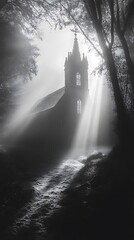 Serene Church Tower Rising Through Thick Mist and Dramatic Lighting Photo
