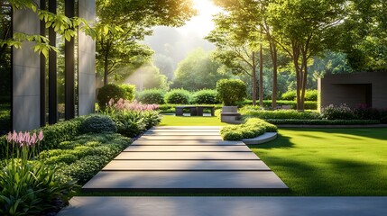Fototapeta premium Pathway in the garden with sun light in morning. Nature background