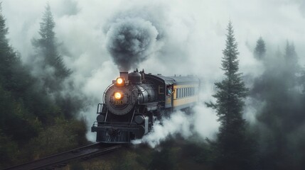 Fototapeta premium Steam train in misty forest, smoke billowing.
