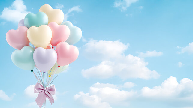 colorful bouquet of heart shaped balloons floats against blue sky, evoking joy and celebration