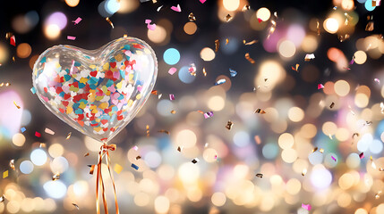 cheerful heart balloon filled with colorful confetti, celebrating joy
