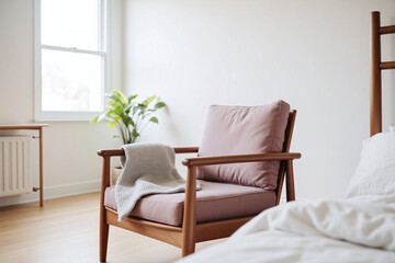 Bedroom wooden floor armchair throw blanket mauve cushion