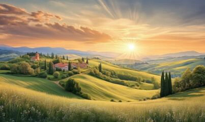 Obraz premium Mountainous grasslands, golden sunlight shining on the earth at sunrise