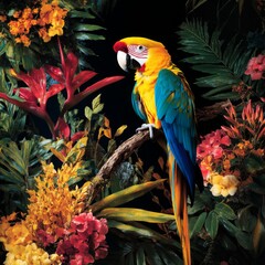 Fototapeta premium Vibrant blue-and-gold macaw perched on a branch amidst lush tropical flowers.