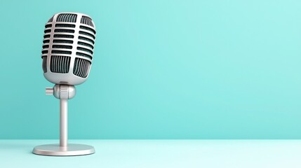 Voice and tone recording concept. Vintage microphone against a teal background.