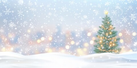 Serene Winter Scene of a Snowy Landscape with Christmas Tree Illuminated by Glowing Lights Surrounded by Soft Falling Snowflakes and a Dreamy Background