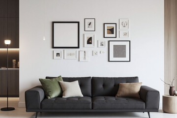 Living room gray wall artworks sofa pillows texture