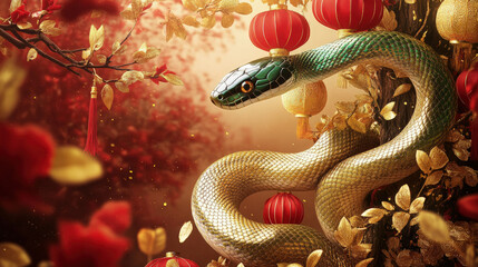 Fototapeta premium A majestic snake entwines around a decorated Chinese New Year tree, its shimmering golden and green scales adding to the festive atmosphere, with red lanterns and golden ornaments symbolizing prosperi