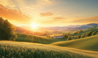Obraz premium Mountainous grasslands, golden sunlight shining on the earth at sunrise