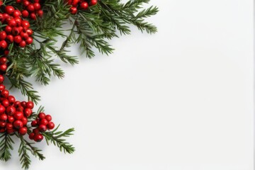 Festive Christmas tree branch with red berries on white background, creating a cheerful and vibrant holiday aesthetic.