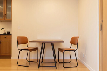 Living space beige wall dining table chairs leather seats