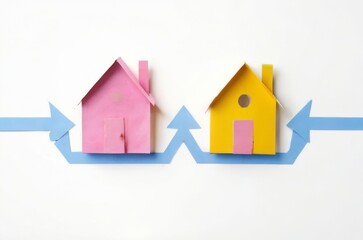 Pink and Yellow Paper Houses on Blue Arrow with White Background