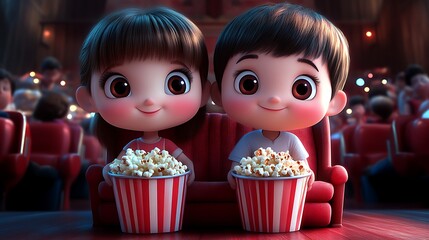 Adorable cartoon kids enjoying popcorn at cinema.