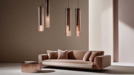 Modern minimalist living room with stylish pendant lights and beige sofa.