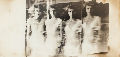 Vintage photo of four women in dresses, ghostly and ethereal, reminiscent of a faded memory.  Perfect for mystery, vintage, or fashion themes.
