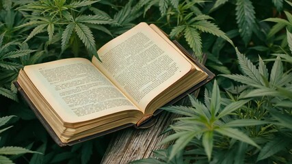 Open book resting among lush green cannabis plants in sunlight highlights nature's harmony with literature