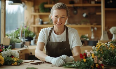 Smiling florist arranging flowers in workshop.