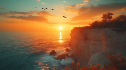 Vibrant sunset over ocean cliff with birds.