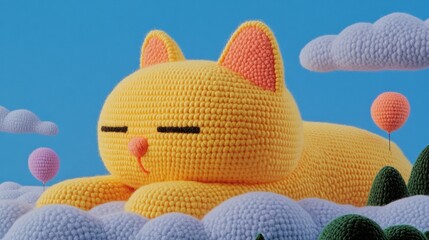 A crocheted cat naps peacefully on a cloud. AI.