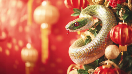 Fototapeta premium A majestic snake entwines around a decorated Chinese New Year tree, its shimmering golden and green scales adding to the festive atmosphere, with red lanterns and golden ornaments symbolizing prosperi