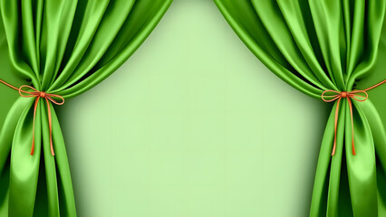 The green curtains frame the stage like a dramatic backdrop for the theater performance