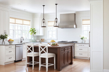 Kitchen shiplap paneling island chair range hood coastal