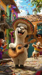 Fototapeta premium A happy alpaca plays guitar in a festive celebration. AI.