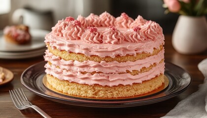 Layered vanilla cake with pink frosting and raspberry accents. Perfect for blogs, websites, or menus showcasing delicious desserts.