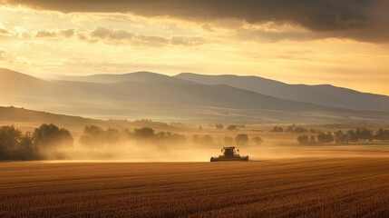 Fototapeta premium Tractor Performing Agriculture Work in Golden Sunset Landscape