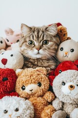 A ginger cat surrounded by stuffed animals. AI.