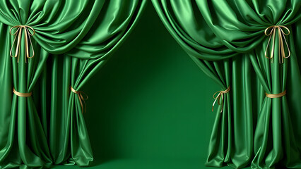 The green curtains frame the stage like a dramatic backdrop for the theater performance