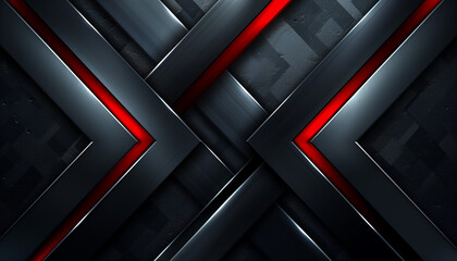 Futuristic technology abstract background featuring dark metallic chevrons and glowing red accent