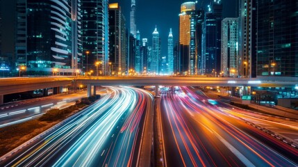 Naklejka premium Night Cityscape with Bright Lights and Action Shots