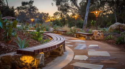 Obraz premium Eco-Park: An environmentally conscious public area with solar lighting, native plants, and recycled materials, promoting sustainability and green living. 