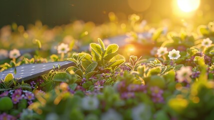 Fototapeta premium Eco-Park: A park that integrates solar lighting, native plants, and recycled materials, offering a sustainable outdoor space for relaxation and environmental education. 