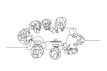 businesspeople meeting in the table continuous one line drawing. Business teamwork concept in single line art illustration. Editable vector.