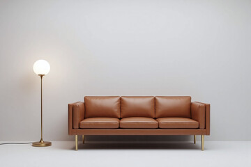 Living room brown leather sofa brass accents floor lamp