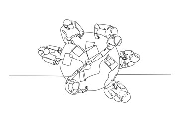 businesspeople meeting in the table continuous one line drawing. Business teamwork concept in single line art illustration. Editable vector.