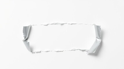 Metallic silver teared sticker shape isolated on white background with reflective surface, reflective surface, torned