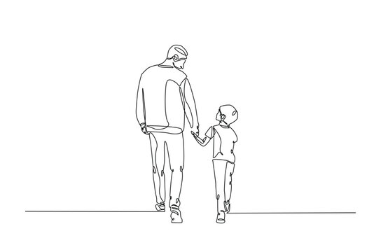 Dad and son walking together continuous one line drawing. Father's day concept in single line art illustration. Editable vector.