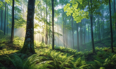 Fototapeta premium The sun shines on the forest